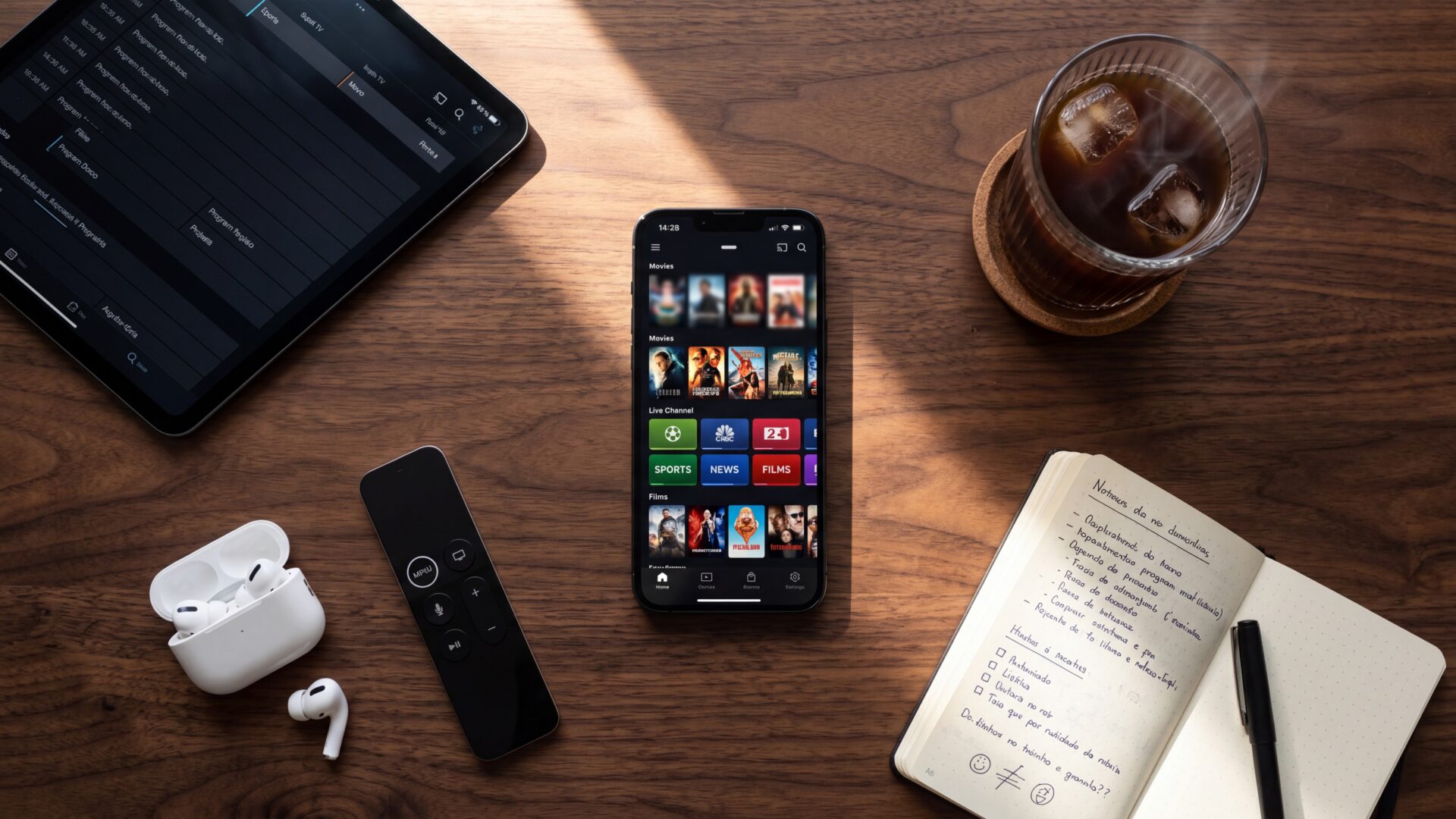 Flat lay top-down com smartphone exibindo aplicativo IPTV, tablet com guia de programação, AirPods, controle remoto e caderno