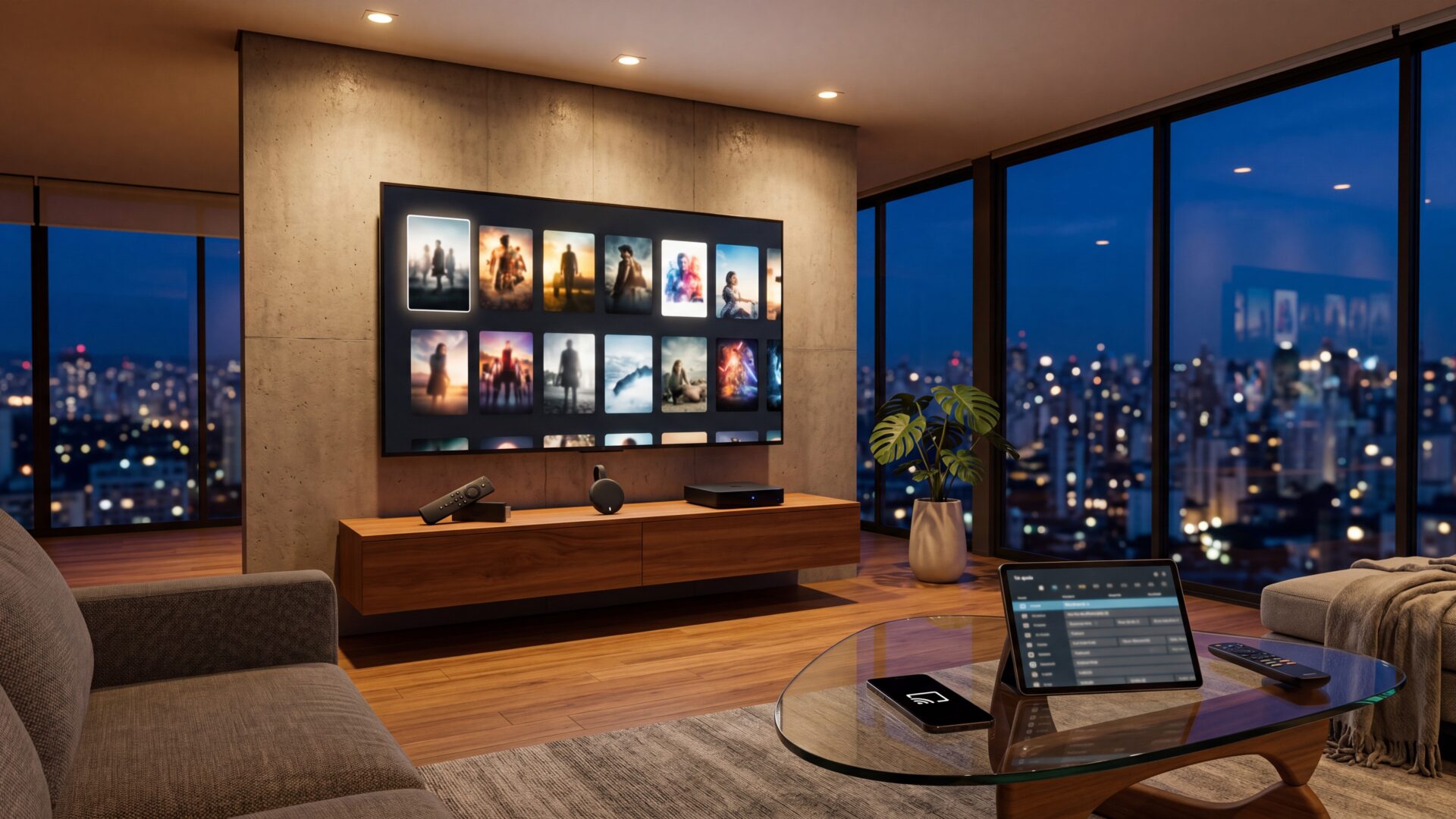 Sala minimalista brasileira ao entardecer com Smart TV 75 polegadas, Fire TV Stick, Chromecast, Android Box e skyline São Paulo