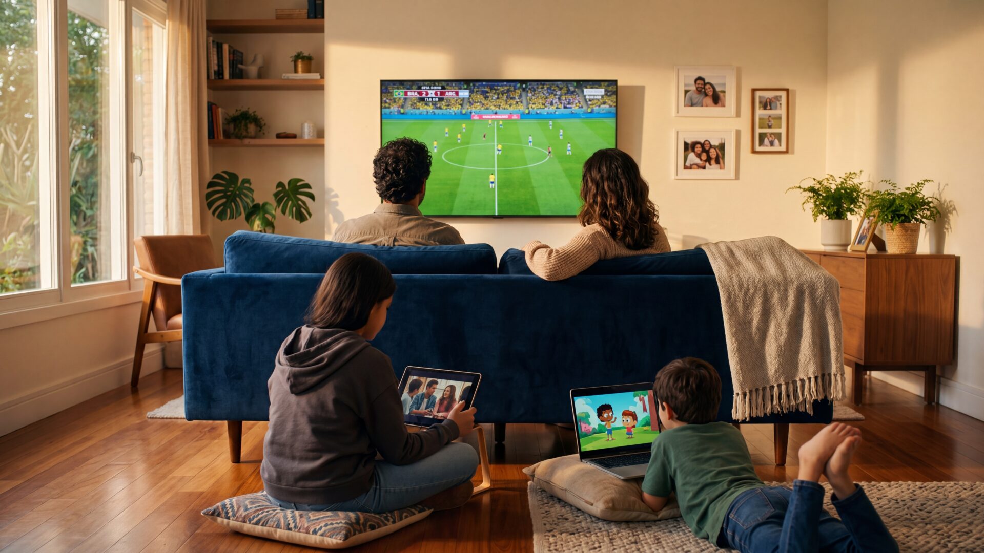 Família brasileira de 4 pessoas assistindo IPTV multi-tela em sala aconchegante com sofá veludo azul
