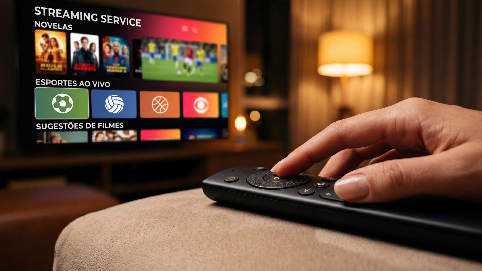 Close-up de mão pressionando controle remoto premium com TV ao fundo exibindo serviços de streaming, esportes ao vivo e novelas brasileiras