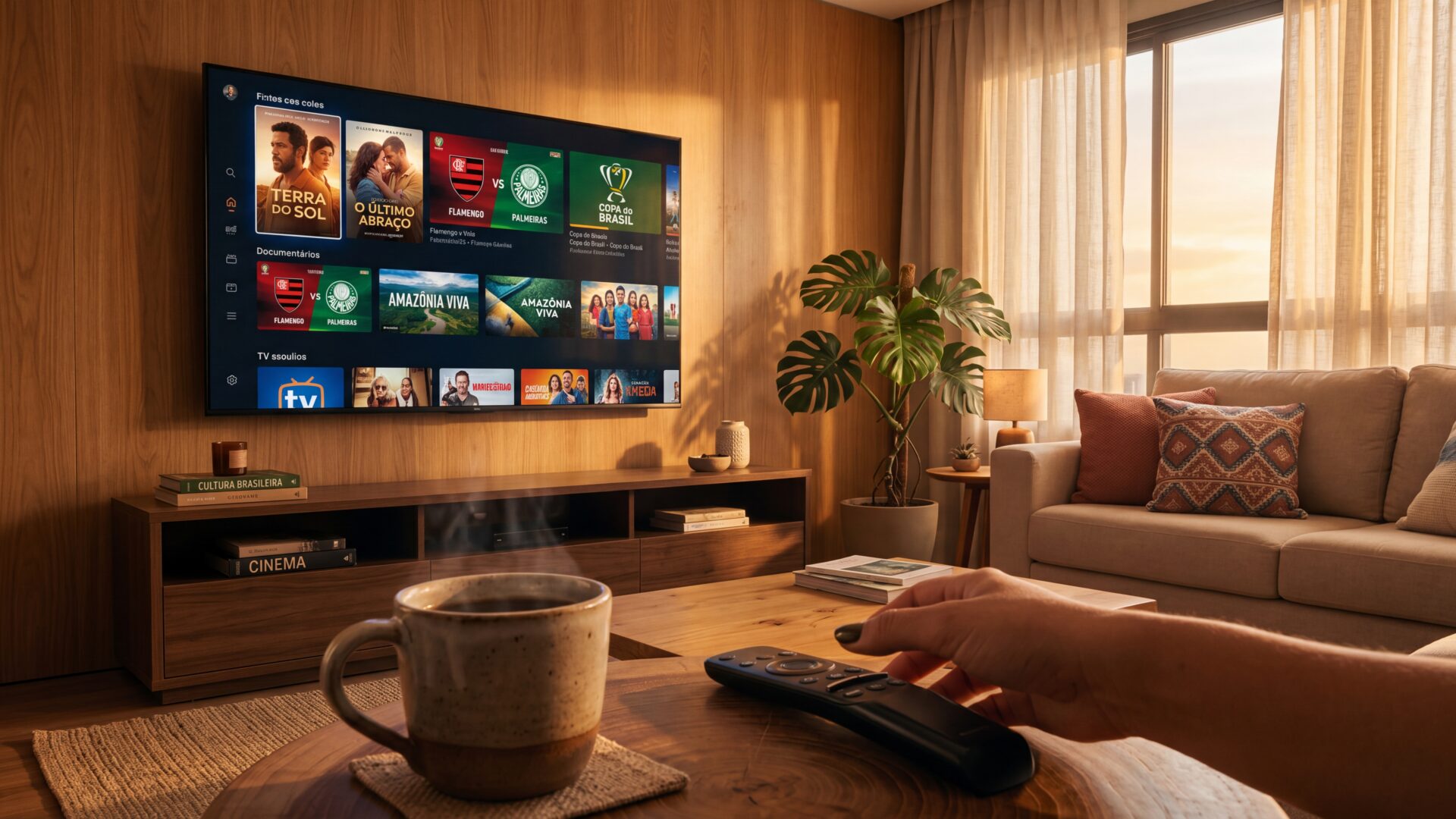 Sala brasileira com Smart TV exibindo grade de filmes em português, café fumegante e mão segurando controle remoto - hero teste IPTV grátis