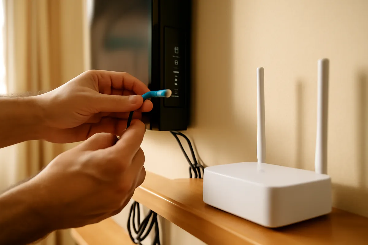 Cabo de rede sendo ligado atrás da TV, com roteador dual band na prateleira