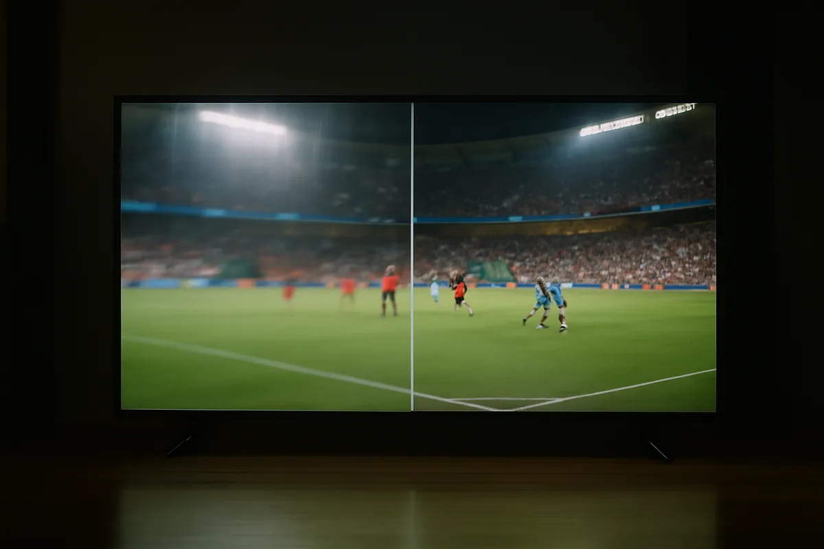 Mesma cena de estádio mostrada com pouca e com muita nitidez na mesma televisão