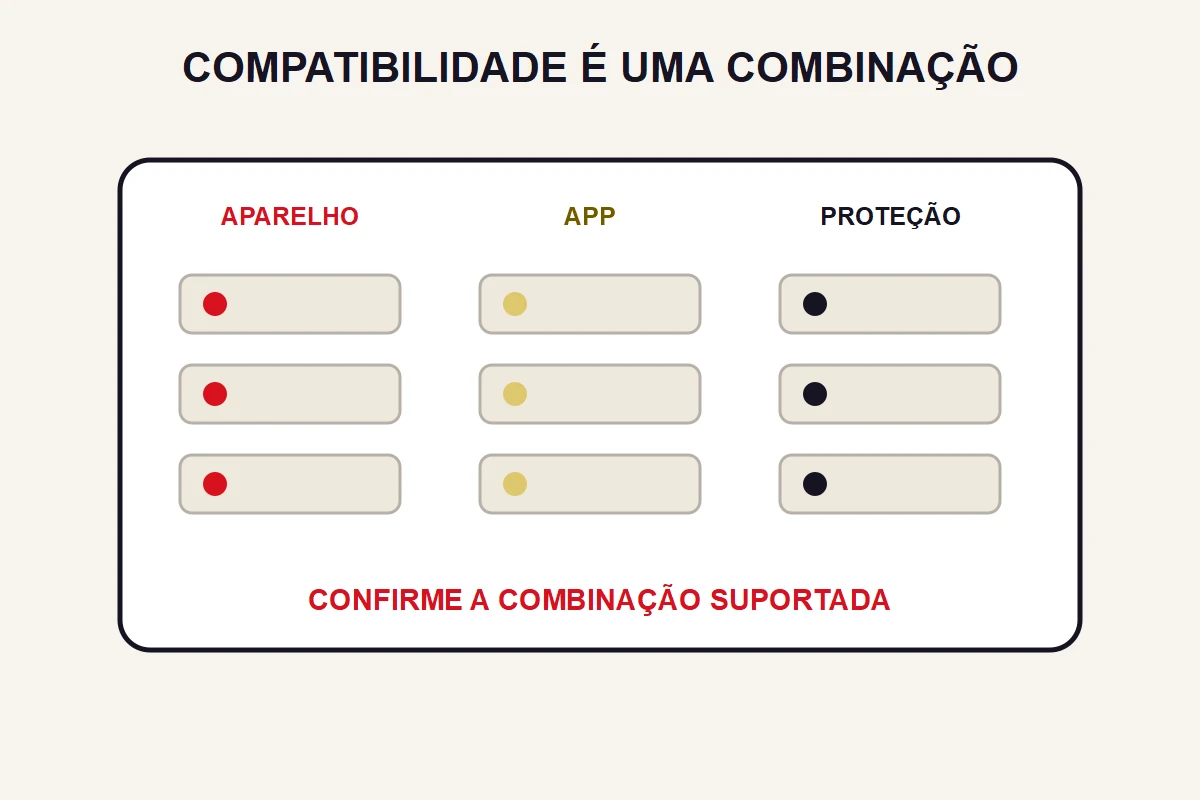 Uma matriz abstrata combina aparelho, aplicativo e formato de proteção em três colunas.