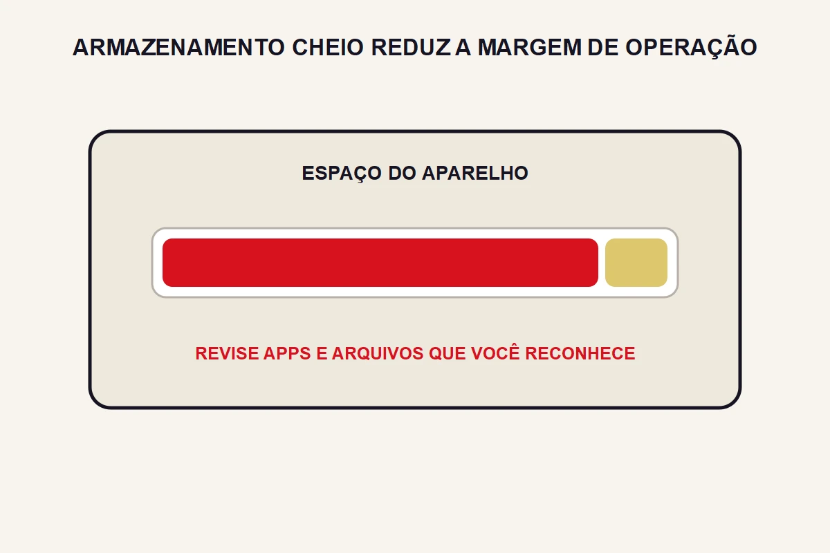 Uma barra abstrata mostra armazenamento quase cheio com pequena margem livre.