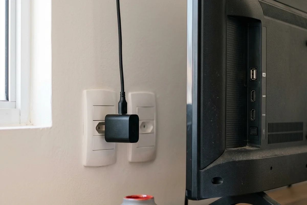 Adaptador de energia conectado à tomada ao lado da traseira de uma televisão.