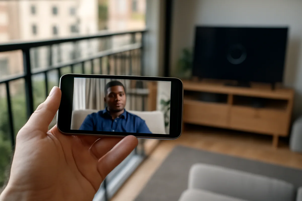 Celular na varanda rodando o mesmo canal pelos dados móveis com a televisão parada ao fundo