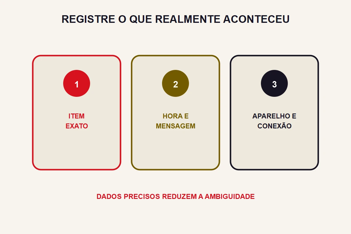 Três cartões organizam item, hora e mensagem, aparelho e conexão.