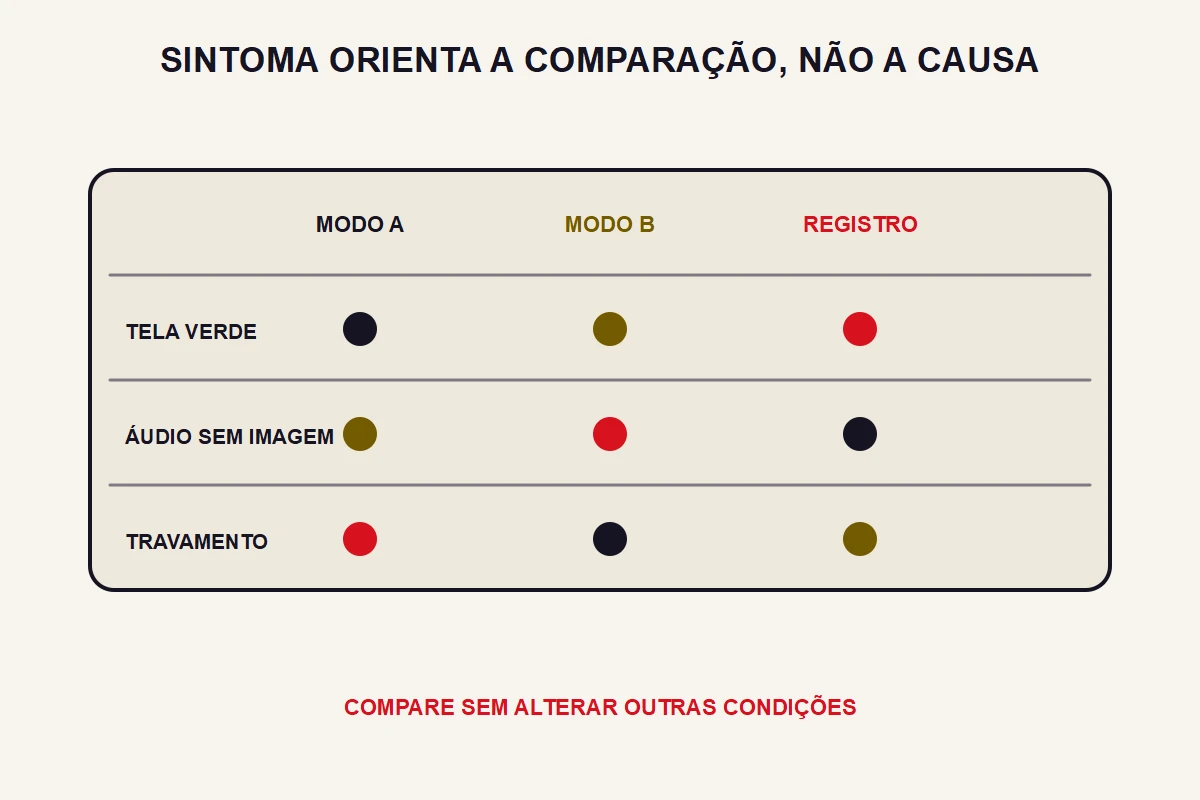 Matriz relaciona três sintomas a dois modos e ao registro da observação.