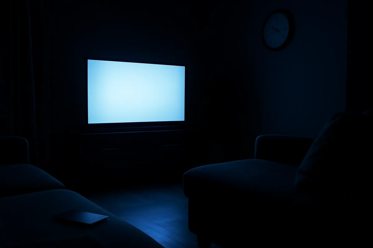 Sala escura de madrugada com a TV ligada e o celular virado para baixo no sofá