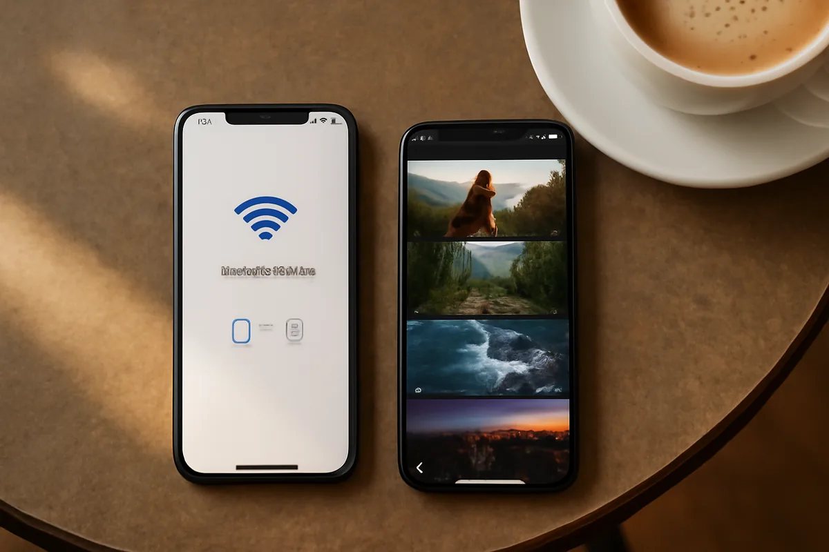 Dois celulares lado a lado, um compartilhando a conexão com o outro para o teste