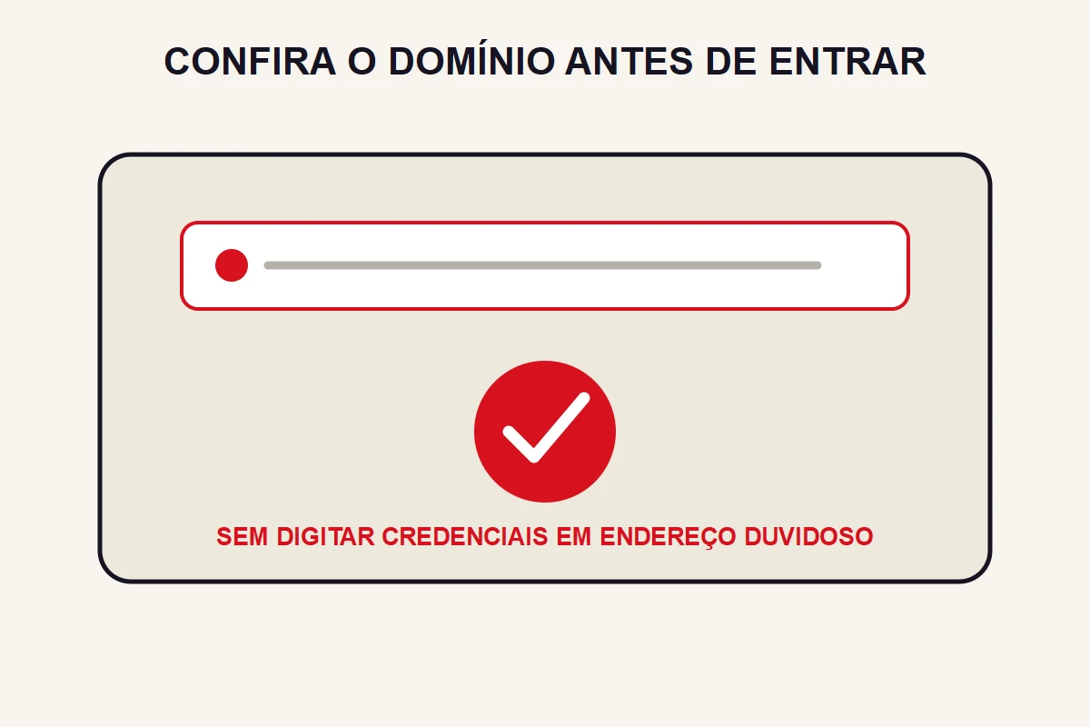 Uma barra de endereço abstrata aparece acima de uma confirmação visual de domínio conferido.
