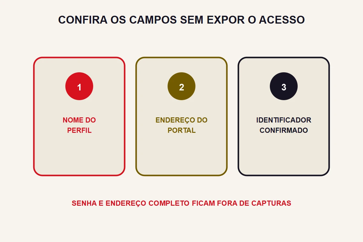 Três cartões organizam perfil, portal e identificador confirmado.