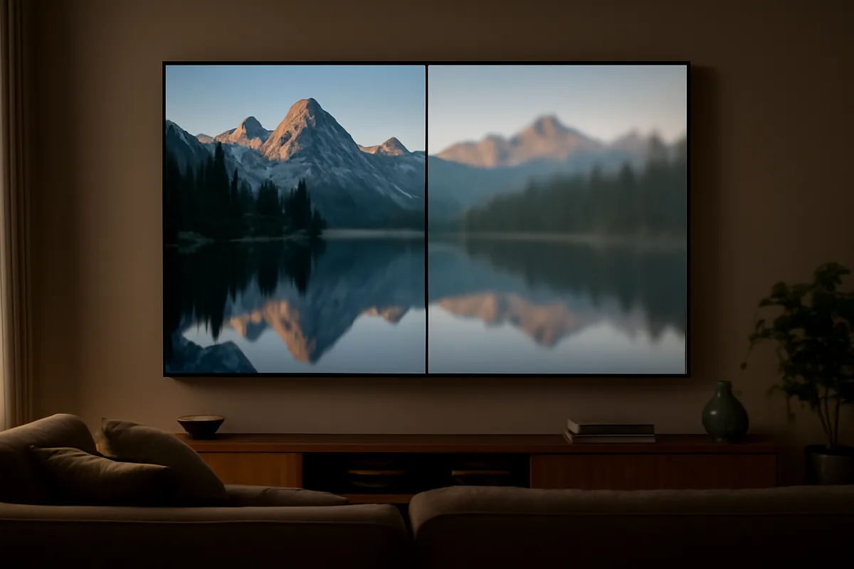 Comparação de qualidades de imagem numa TV grande da sala