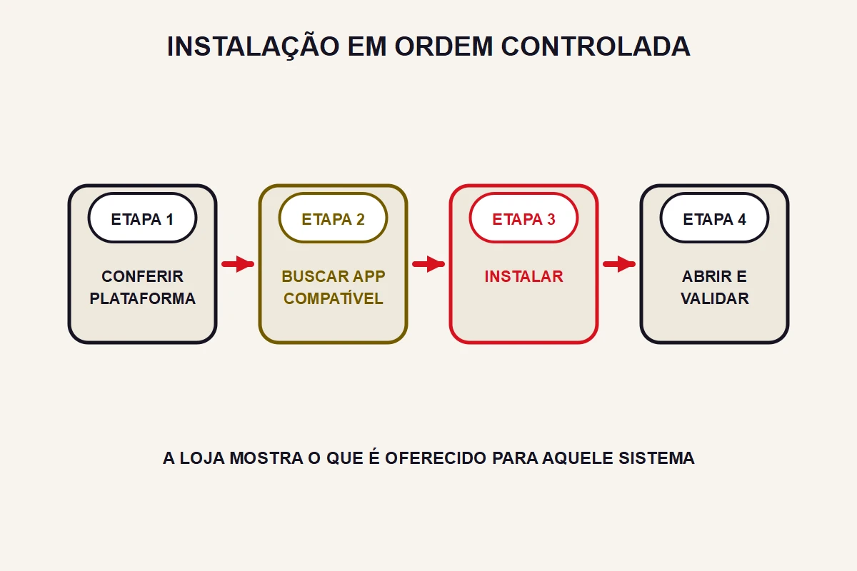 Quatro etapas mostram conferência, busca, instalação e validação.