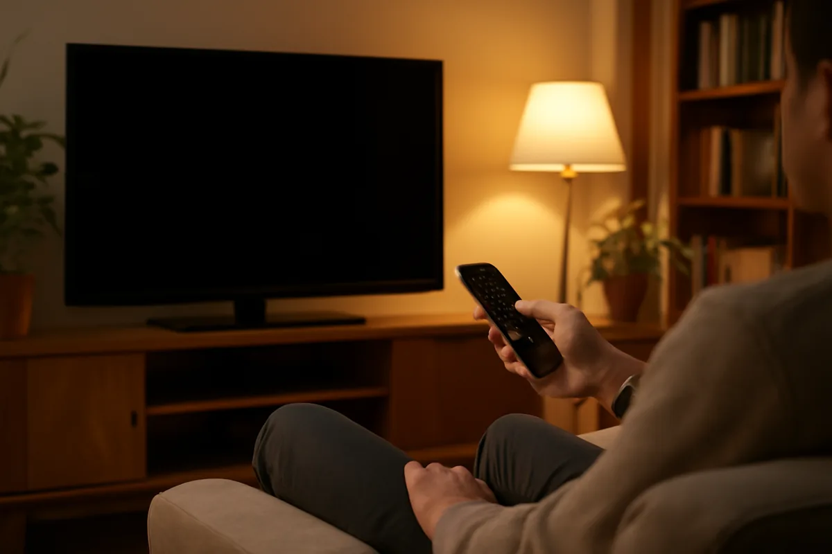 Pessoa sentada no sofá com o controle na mão diante de uma TV com a tela toda preta