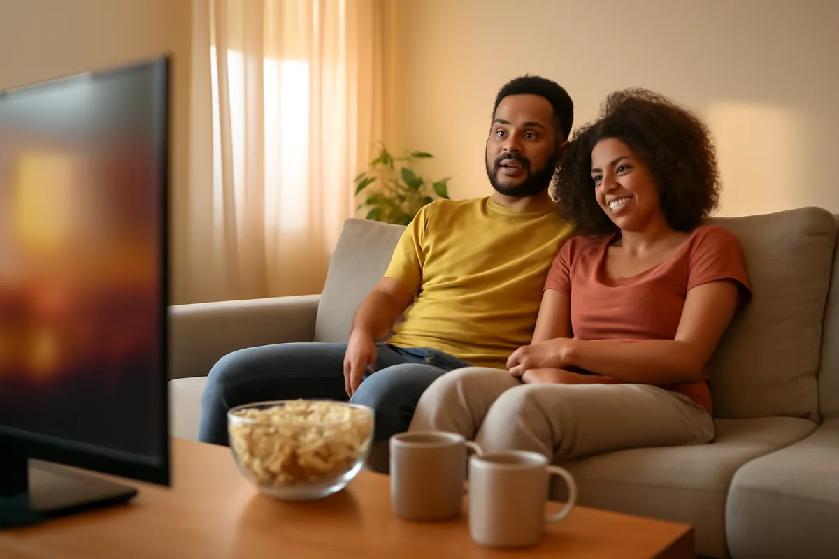 Casal relaxado no sofá assistindo TV na sala durante o teste grátis