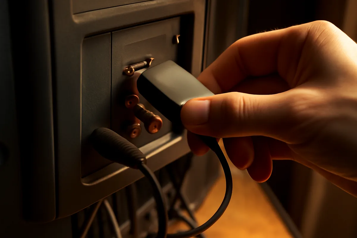 Aparelho externo pequeno sendo encaixado na entrada HDMI de uma TV mais antiga