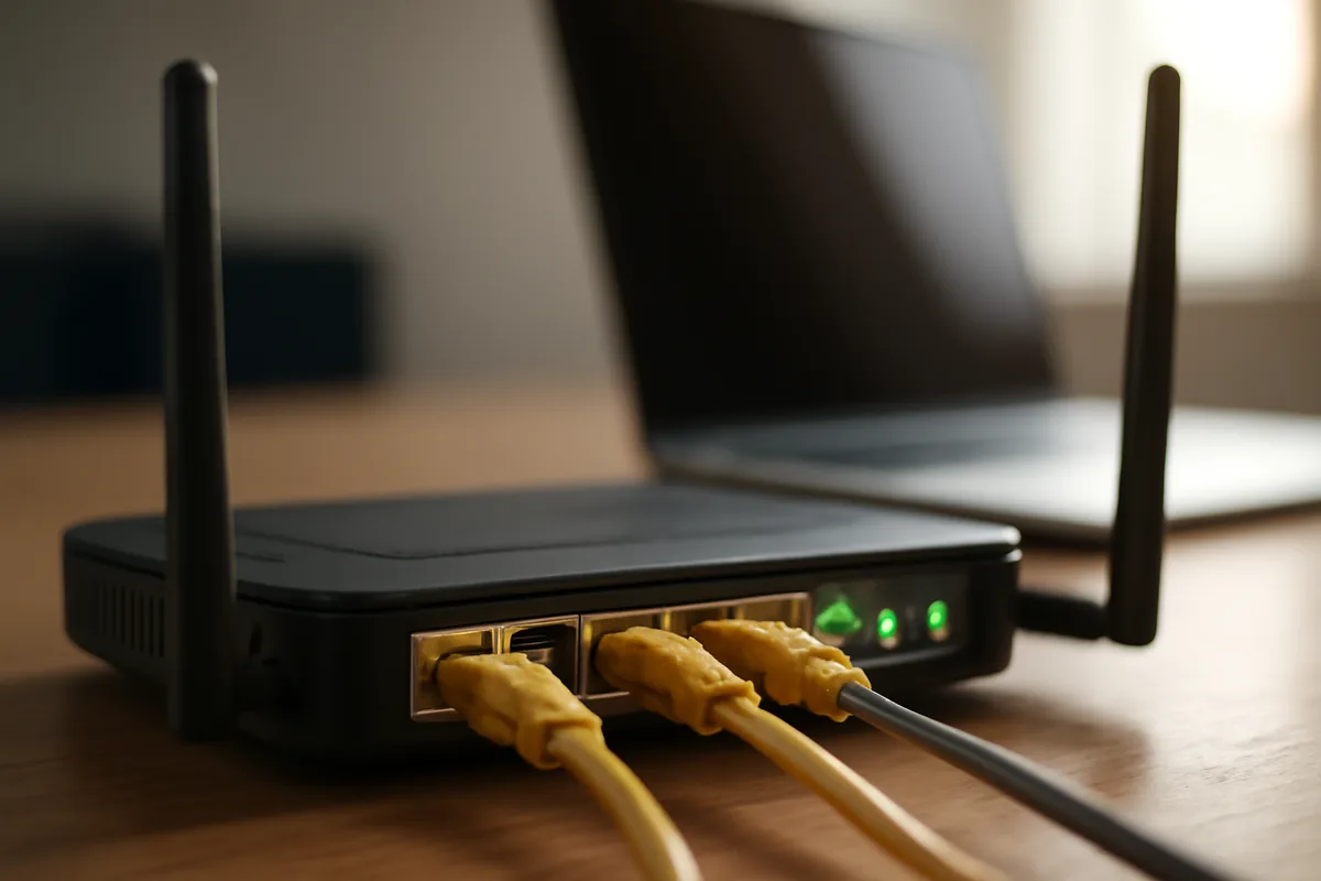 Roteador com duas antenas e cabos de rede amarelos conectados, luzes verdes acesas e notebook desfocado ao fundo