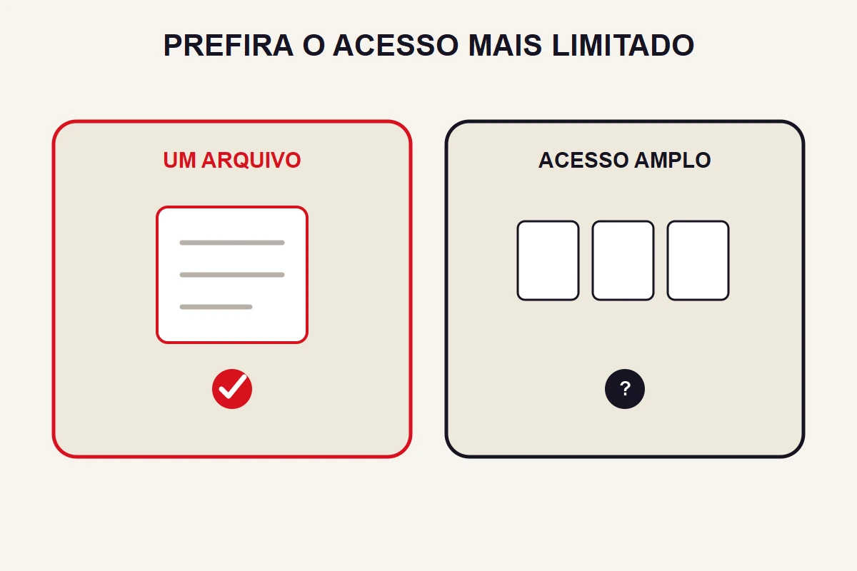 Um painel destaca a seleção de um arquivo e outro mostra acesso amplo marcado para revisão.