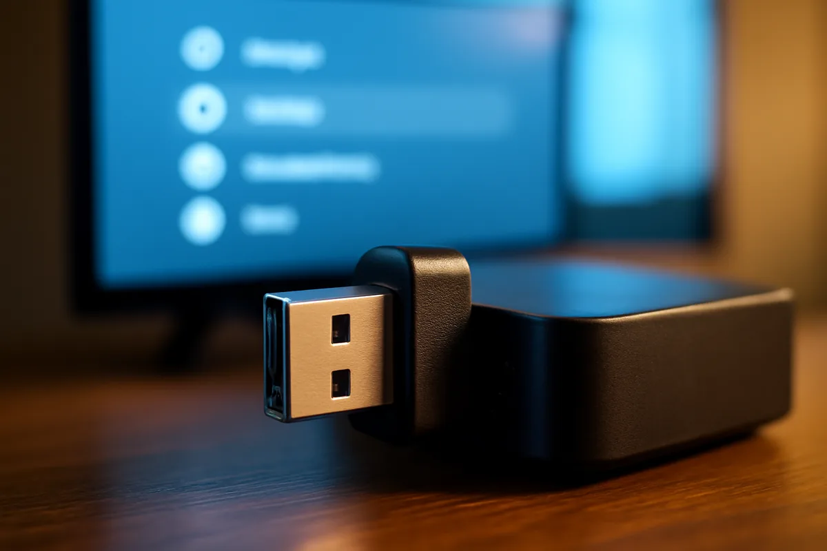 Pendrive conectado na lateral do aparelho enquanto a tela mostra a opção de salvar um arquivo de backup