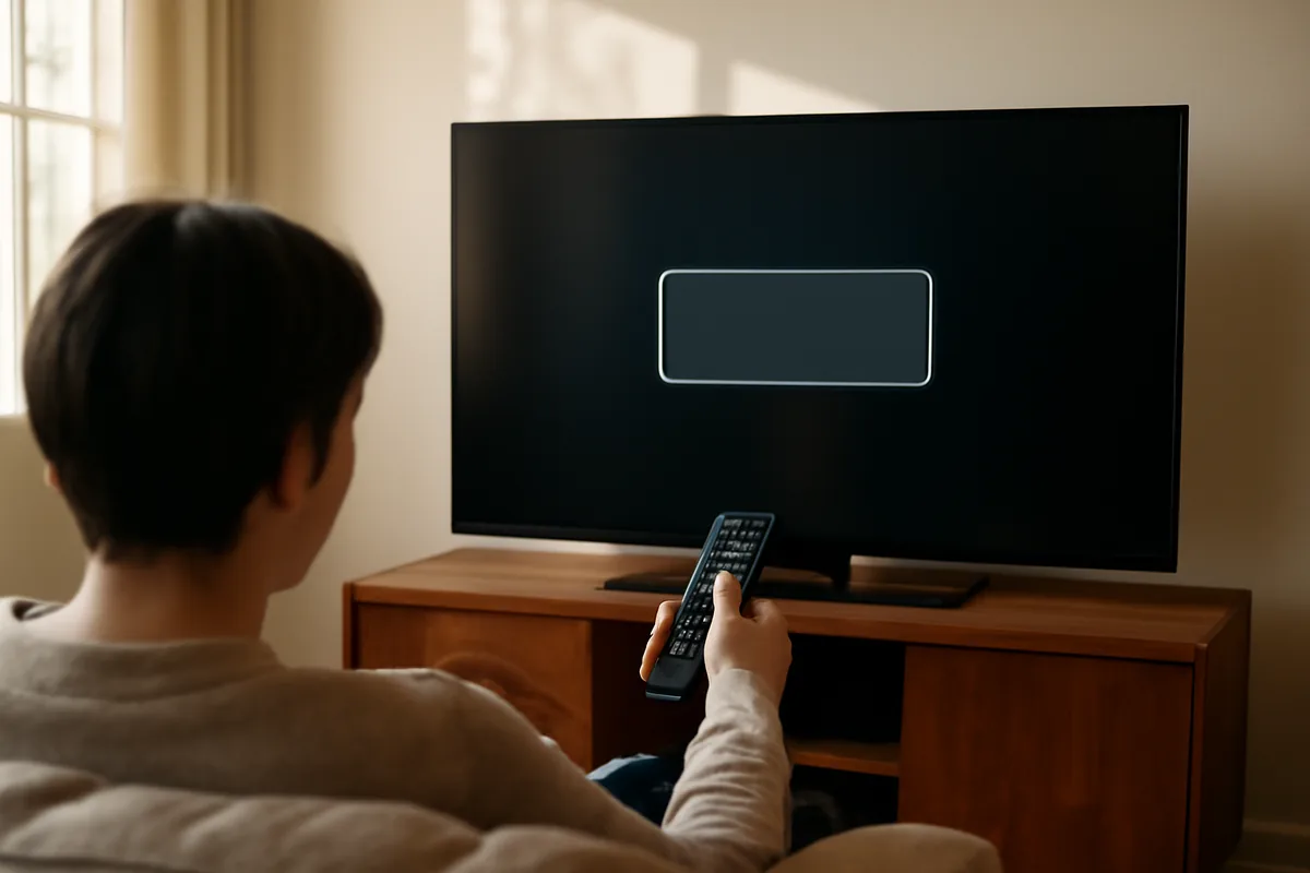 Mão com o controle apontado para a TV com a janela de confirmação de desinstalação aberta