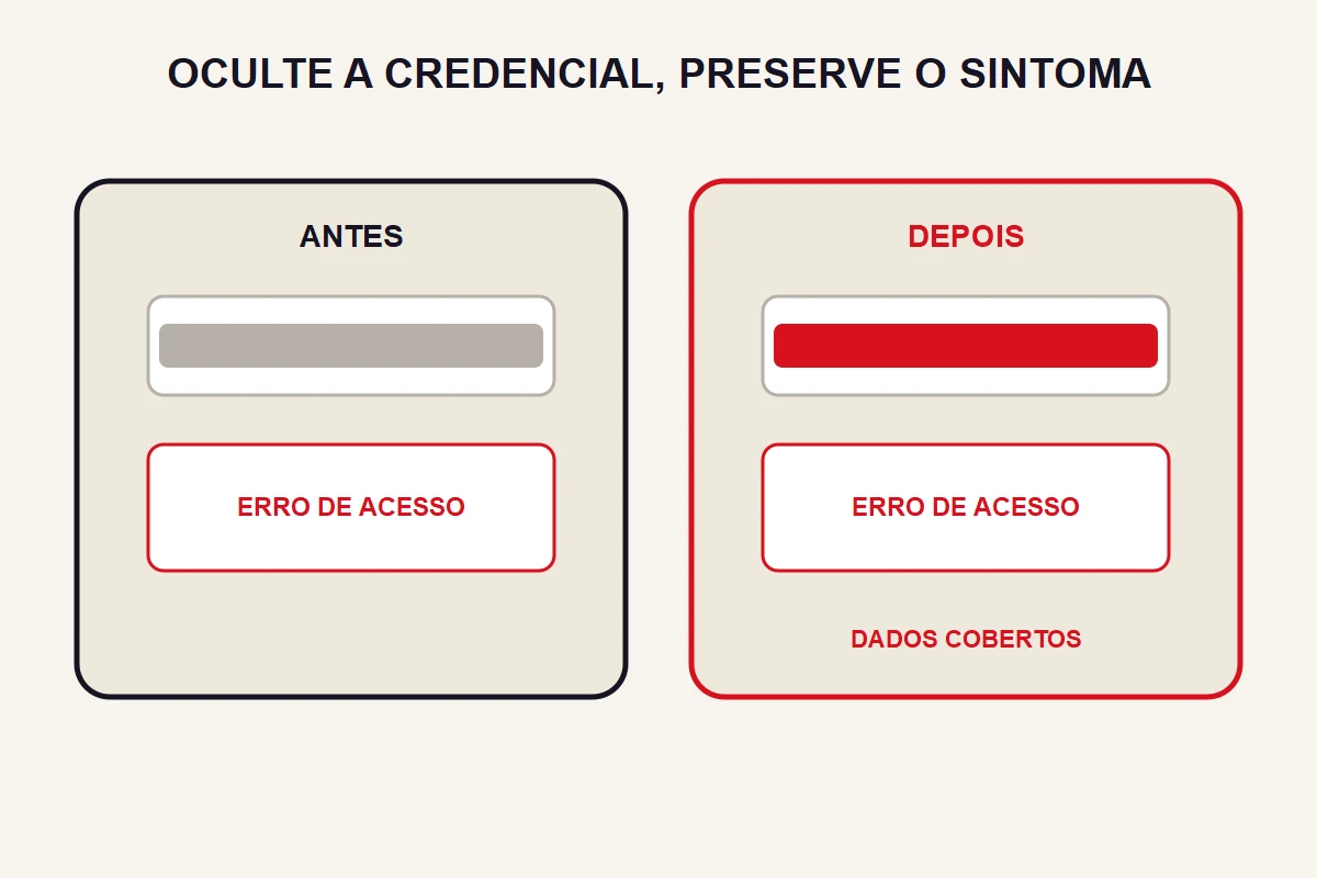 A comparação antes e depois mostra a credencial coberta enquanto a mensagem de erro permanece legível.