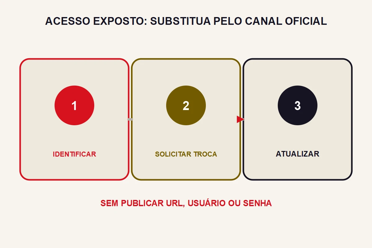 Três etapas mostram identificar a exposição, solicitar a troca e atualizar o acesso.