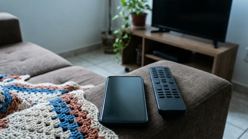 Celular de tela apagada e controle remoto lado a lado sobre uma manta de crochê no sofá