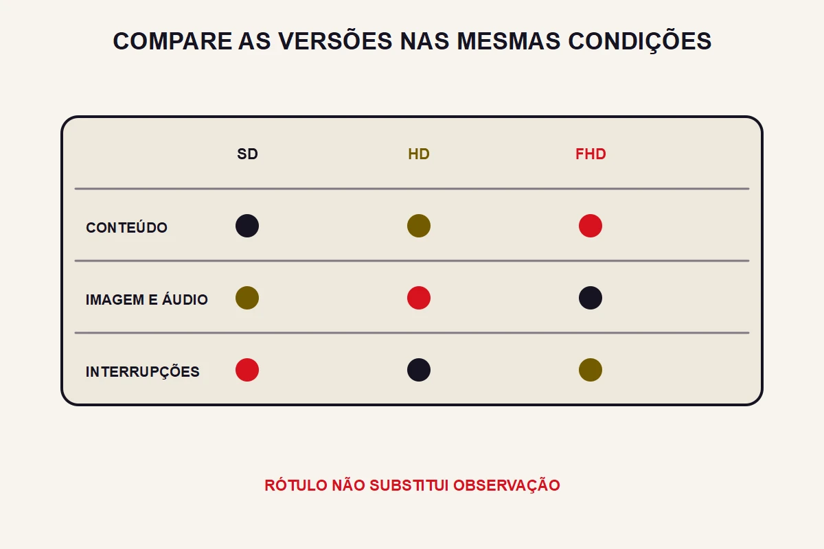 Matriz organiza conteúdo, mídia e interrupções nas três versões.