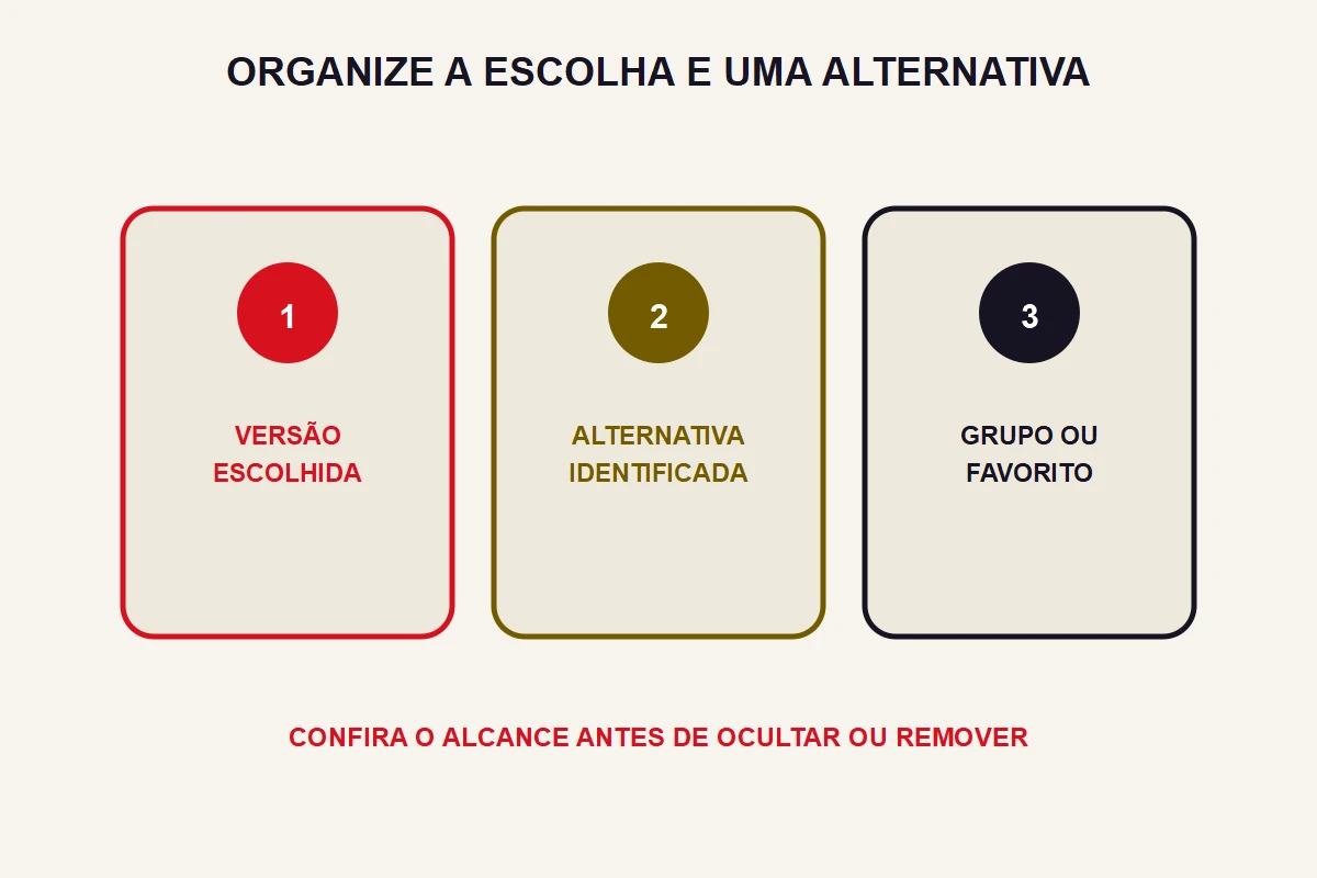 Cartões separam versão escolhida, alternativa e organização nos favoritos.
