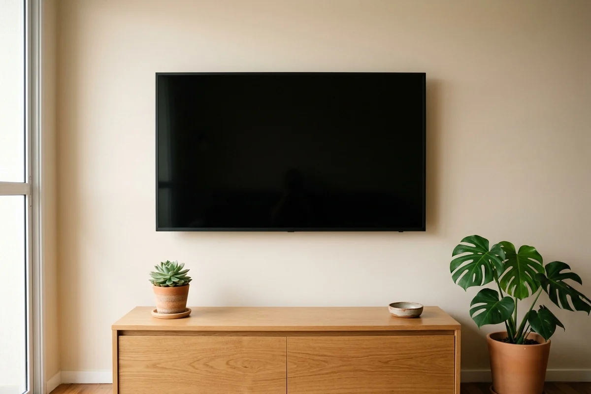 TV desligada na parede da sala, acima de rack de madeira com suculenta e vaso de costela-de-adão