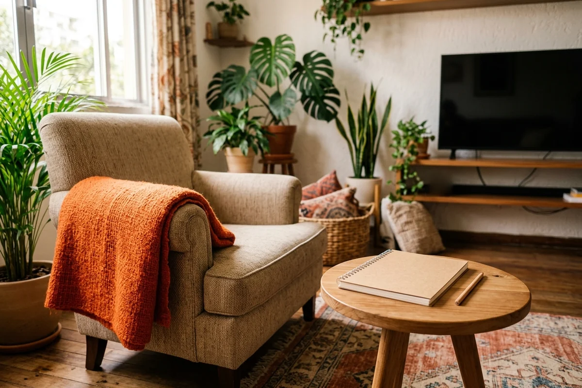 Poltrona com manta laranja e mesa de centro com caderno, numa sala com plantas e TV desligada ao fundo