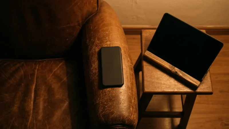 Celular virado para baixo no braço da poltrona e tablet apagado no suporte, à noite