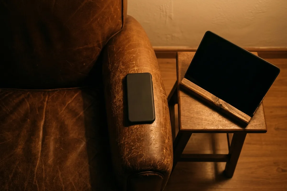 Celular virado para baixo no braço da poltrona e tablet apagado no suporte, à noite
