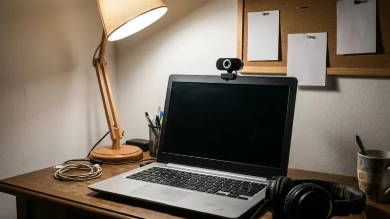 Notebook com webcam presa no topo numa mesa de estudo à noite