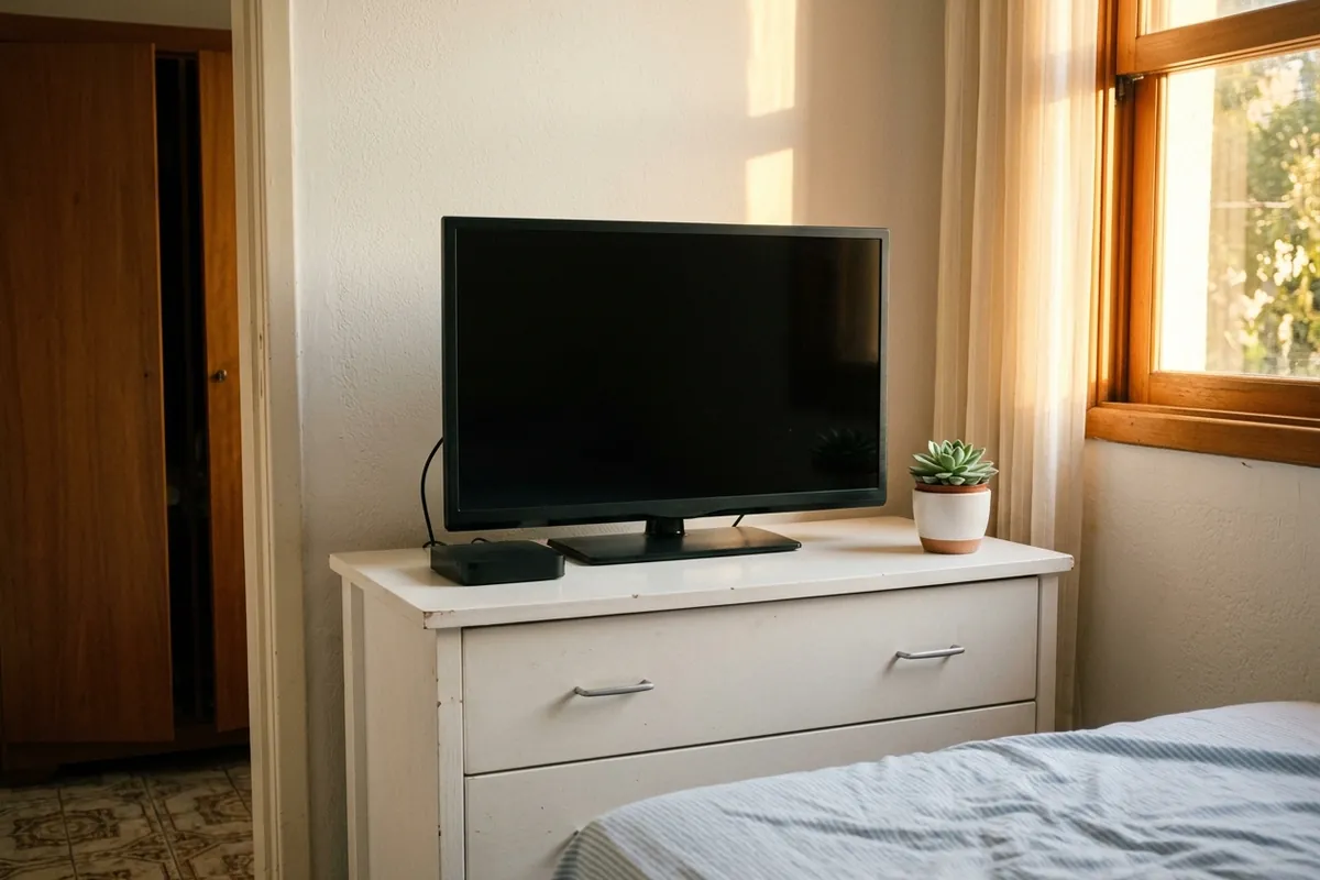 TV de quarto desligada sobre a cômoda branca com uma TV Box ao lado