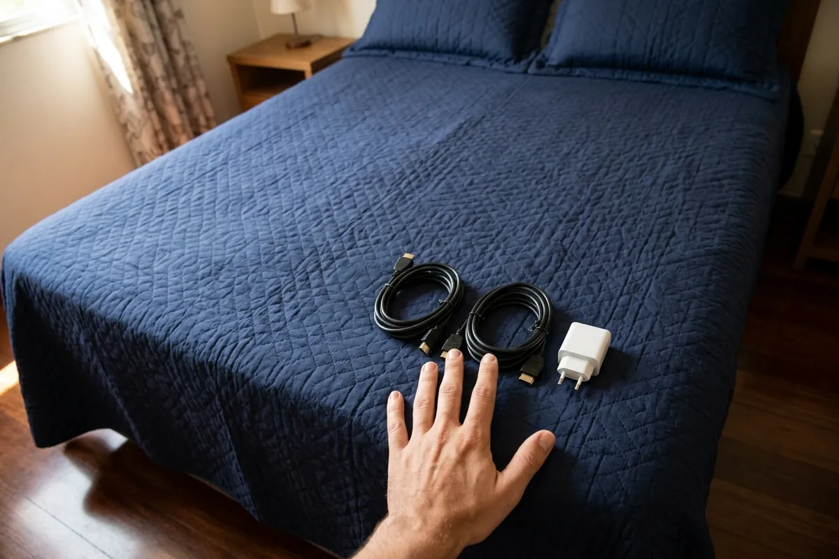 Mão escolhendo entre cabos HDMI e um carregador sobre a colcha azul da cama