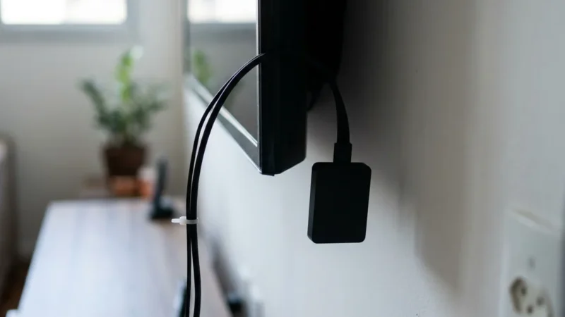 Dongle preto pendurado num cabo curto que sai de trás de uma TV na parede, com os cabos presos por abraçadeira