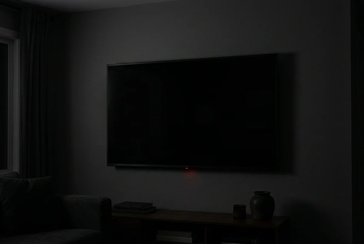Televisão desligada na parede de uma sala escura, com a luz de espera acesa