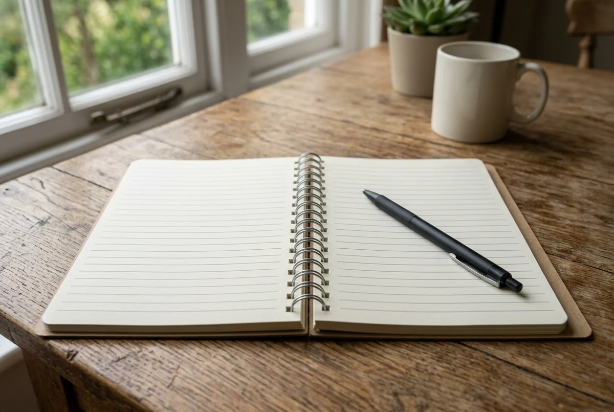 Caderno espiral aberto com páginas em branco e uma caneta sobre a mesa