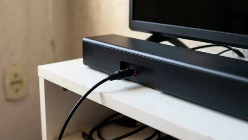 Soundbar preta sob uma TV desligada, com cabo óptico de ponta vermelha ligado na traseira, num rack branco