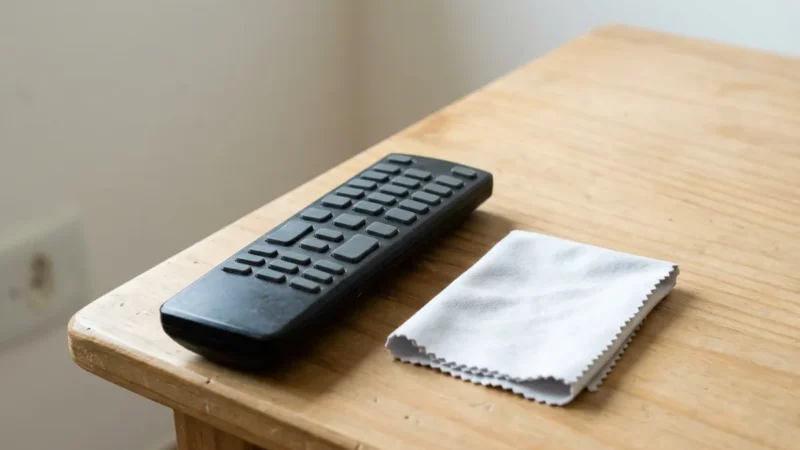 Controle remoto preto de teclas lisas sobre uma mesa de madeira clara com um pano branco dobrado ao lado