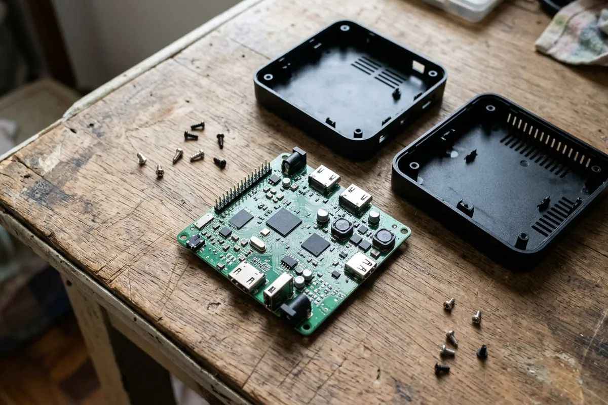 Placa de circuito de uma TV Box em close sobre uma bancada de madeira