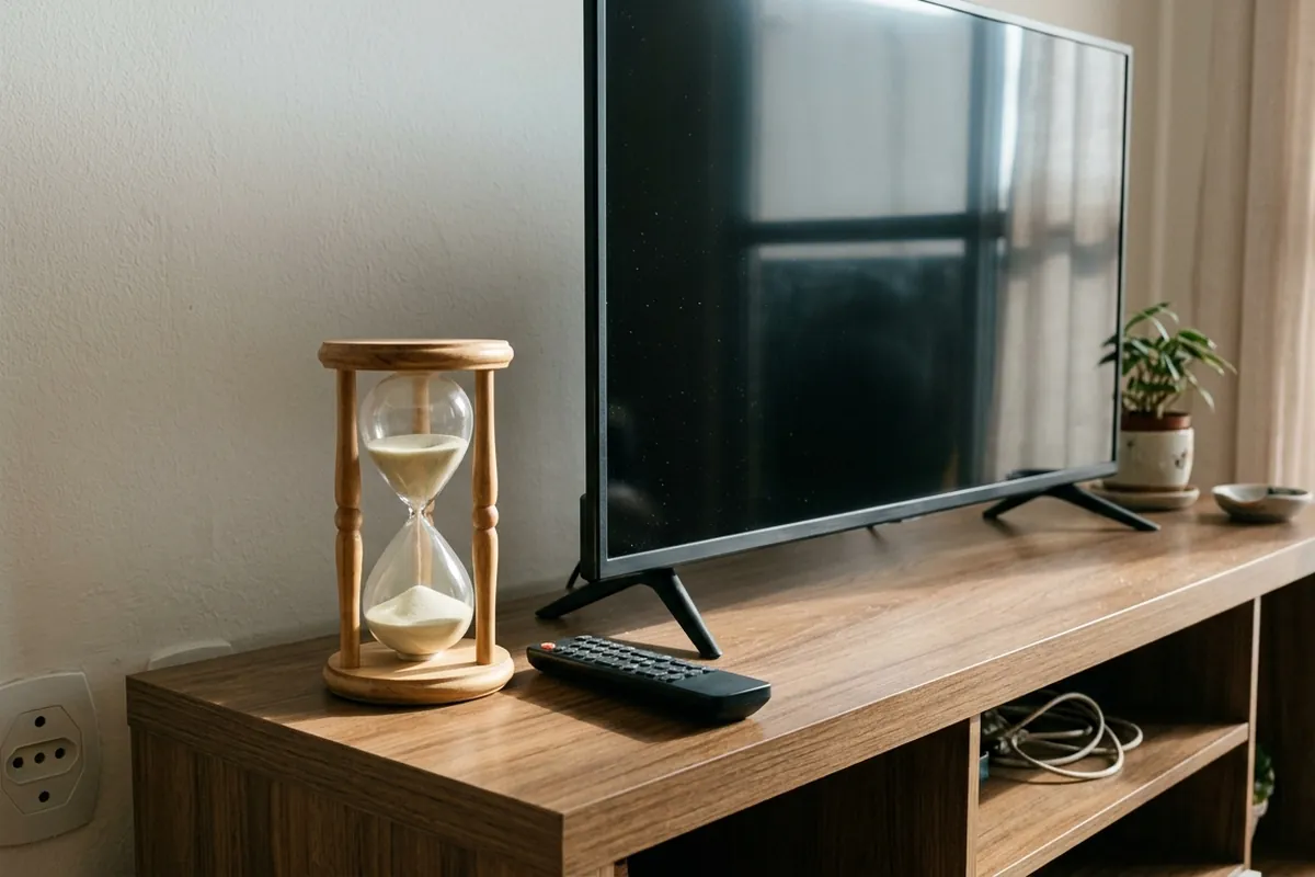 Ampulheta de madeira ao lado de uma TV desligada e de um controle remoto num rack de sala