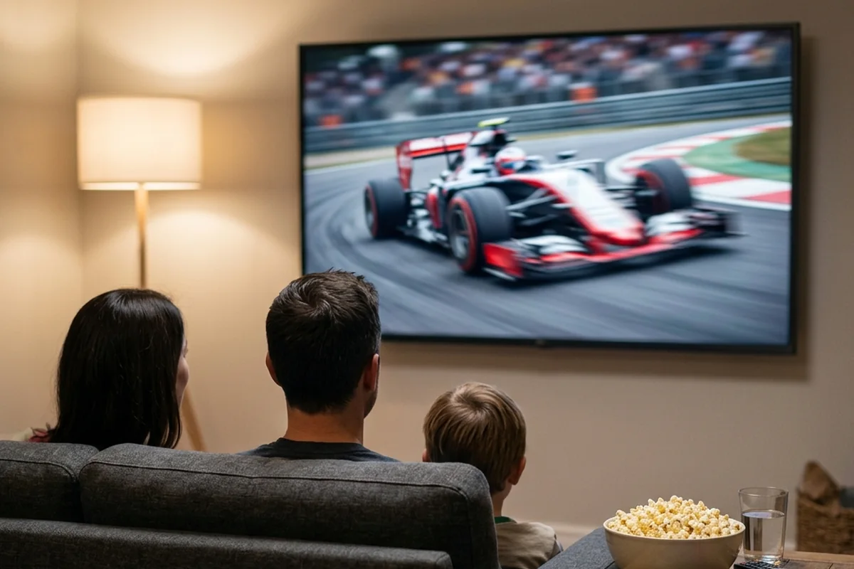 Família no sofá assistindo a uma corrida de carros na televisão.