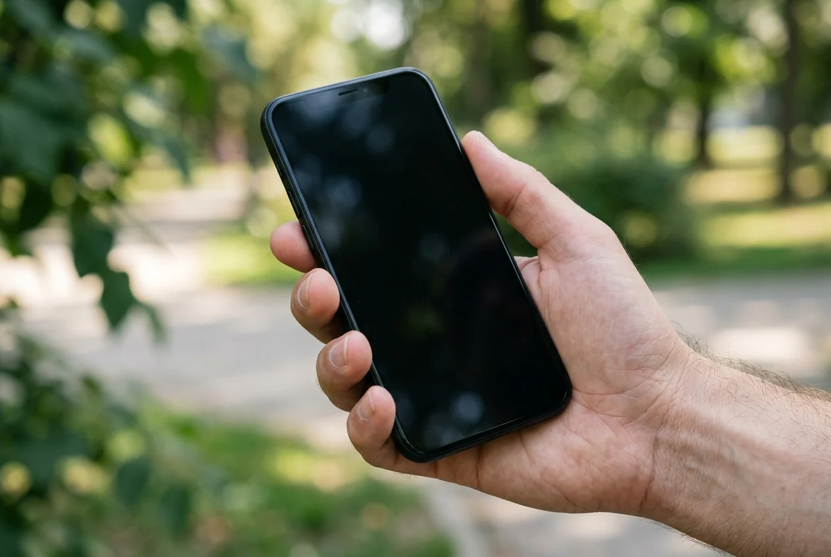 Mão segurando um celular de tela apagada ao ar livre, com árvores ao fundo
