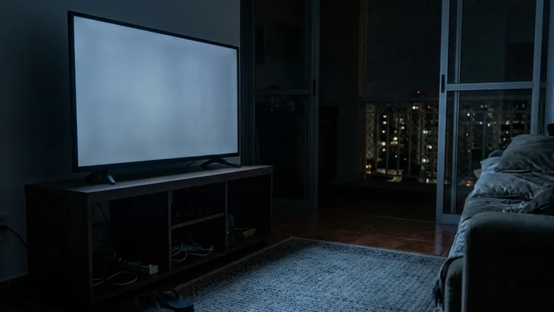 TV de frente numa sala escura, com a tela mostrando só uma luz cinza-azulada lisa que se reflete no tapete