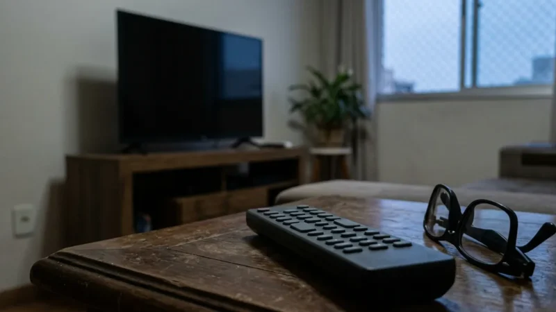 Controle remoto e óculos de leitura de armação preta numa mesa lateral, com a TV apagada ao fundo