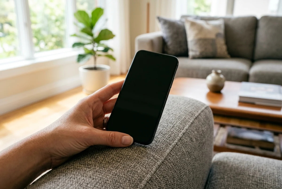 Mão segurando um celular de tela apagada apoiado no braço do sofá